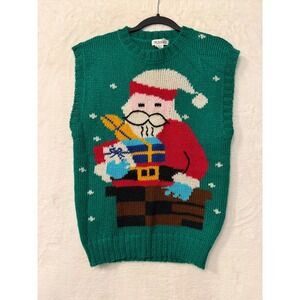 Messages Vintage Christmas Santa Chimney Sweater Vest Green Mens Large Knit Gift